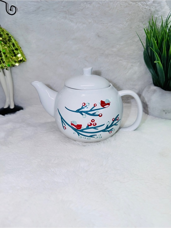David’s Tea Other - David’s Tea White Ceramic Teapot with Blue Branch & Red Bird Motif 🦢